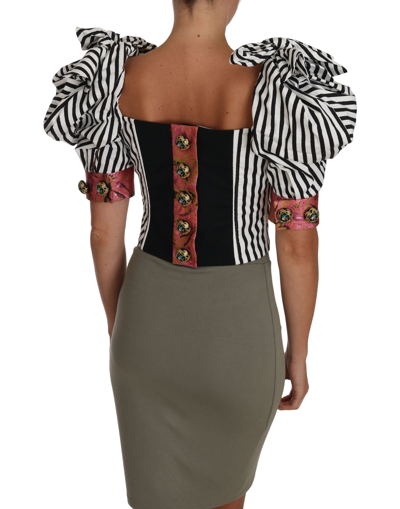 Shop Dolce & Gabbana White Black Striped Cropped Top Puff Sleeve Women's Shirts In Black/white