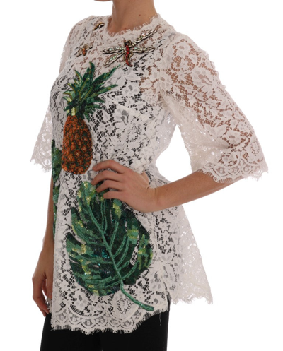 Shop Dolce & Gabbana White Crystal Embellished Lace Women's Blouse