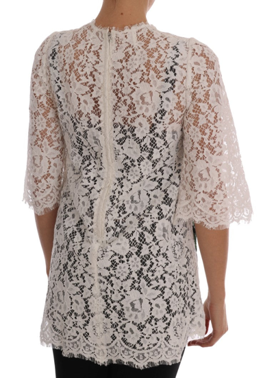 Shop Dolce & Gabbana White Crystal Embellished Lace Women's Blouse