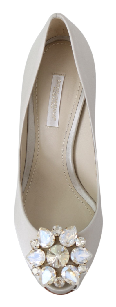 Shop Dolce & Gabbana White Crystals Peep Toe Heels Satin Pumps Women's Shoes