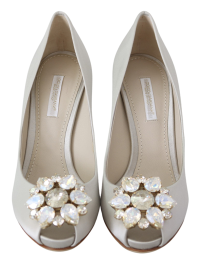 Shop Dolce & Gabbana White Crystals Peep Toe Heels Satin Pumps Women's Shoes