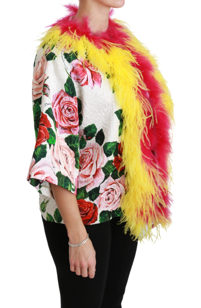 Shop Dolce & Gabbana White Floral Coat Capte Fur Roses Women's Jacket