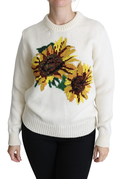 Dolce & Gabbana White Floral Wool Pullover Sunflower Sweater In White