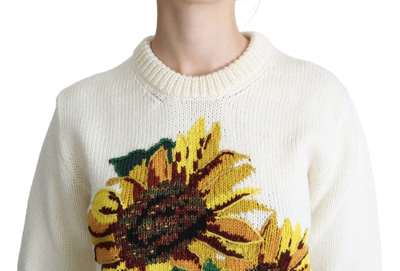 Dolce & Gabbana White Floral Wool Pullover Sunflower Sweater In White