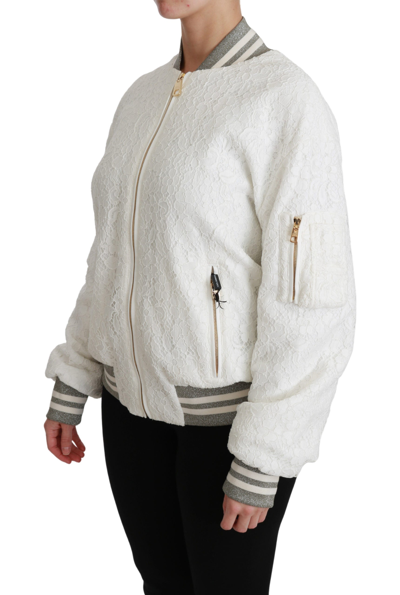 Shop Dolce & Gabbana White Lace Full Zip Bomber Coat Cotton Women's Jacket