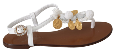 Shop Dolce & Gabbana White Leather Coins Flip Flops Sandals Women's Shoes