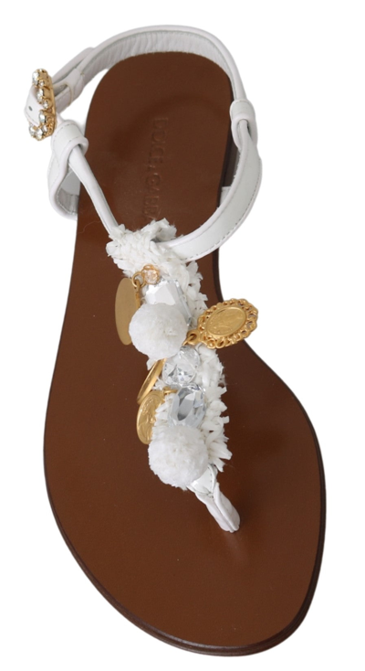 Shop Dolce & Gabbana White Leather Coins Flip Flops Sandals Women's Shoes
