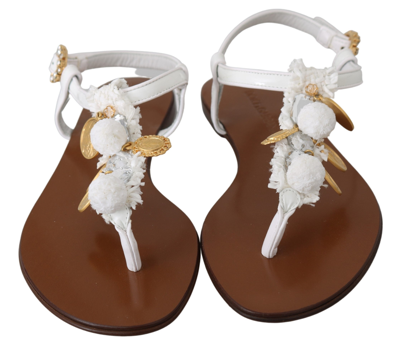 Shop Dolce & Gabbana White Leather Coins Flip Flops Sandals Women's Shoes