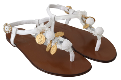 Shop Dolce & Gabbana White Leather Coins Flip Flops Sandals Women's Shoes