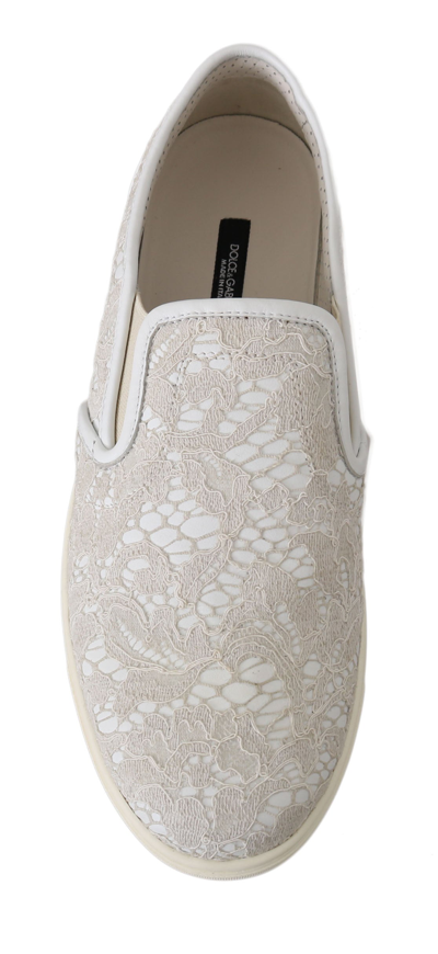 Shop Dolce & Gabbana White Leather Lace Slip On Loafers Women's Shoes