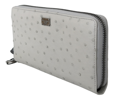 Dolce & Gabbana White Ostrich Leather Continental Mens Clutch Wallet In Gray