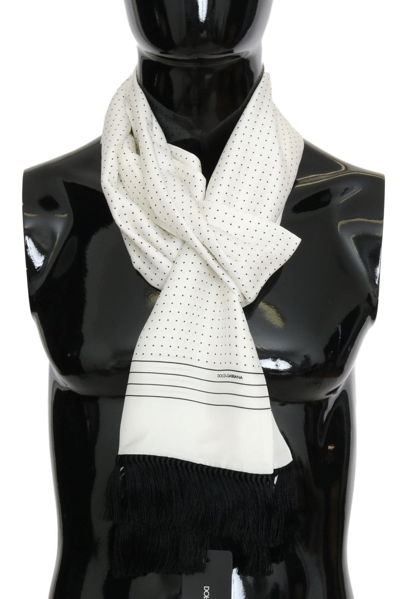 Shop Dolce & Gabbana White Polka Dotted Silk Fringes Men's Scarf In Black/white