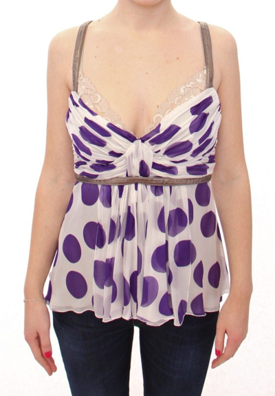 Shop Dolce & Gabbana Elegant Polka Dotted Silk Blouse With Leather Women's Detailing In Purple