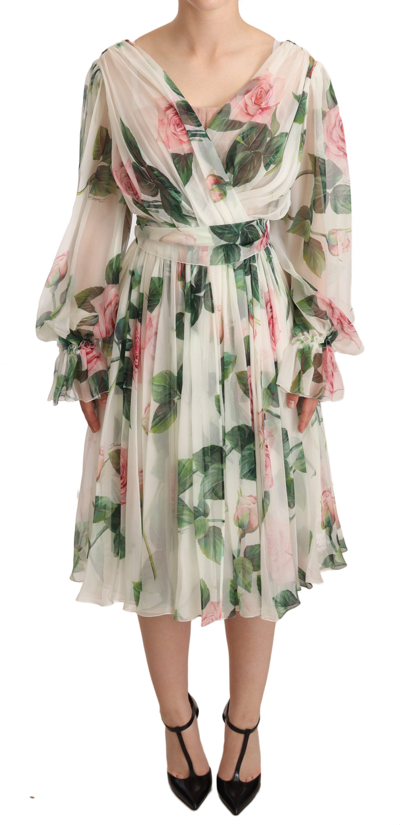 Dolce & Gabbana White Roses Print Silk Chiffon Midi Dress | ModeSens