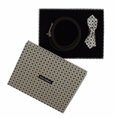 Dolce & Gabbana White Silk Bowtie Leather Men Belt Gift Box In White