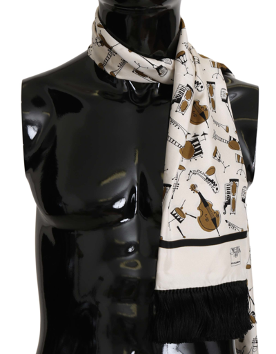 Shop Dolce & Gabbana White, Black Silk Musical Instrument Fringes Men's Scarf In Black/white
