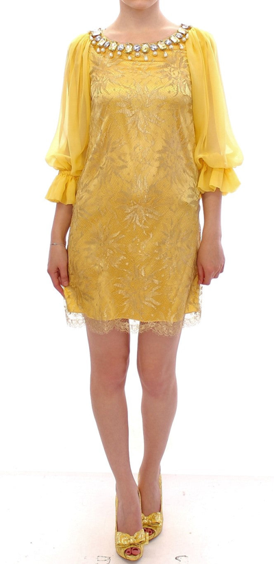 Shop Dolce & Gabbana Yellow Lace Crystal Embellished Mini Women's Dress