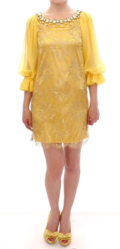 Dolce & Gabbana Yellow Lace Crystal Mini Dress In Yellow