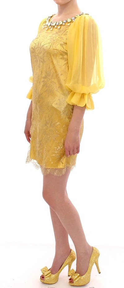 Dolce & Gabbana Yellow Lace Crystal Mini Dress In Yellow