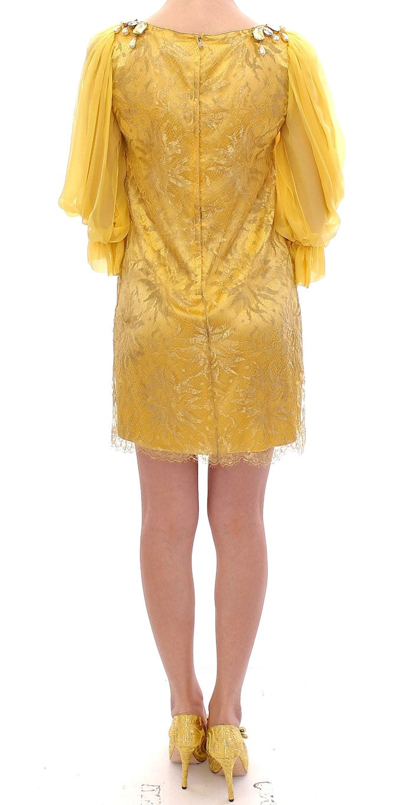 Dolce & Gabbana Yellow Lace Crystal Mini Dress In Yellow