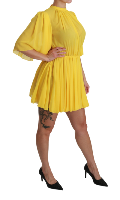 Shop Dolce & Gabbana Yellow Pleated A-line Mini 100% Silk Women's Dress