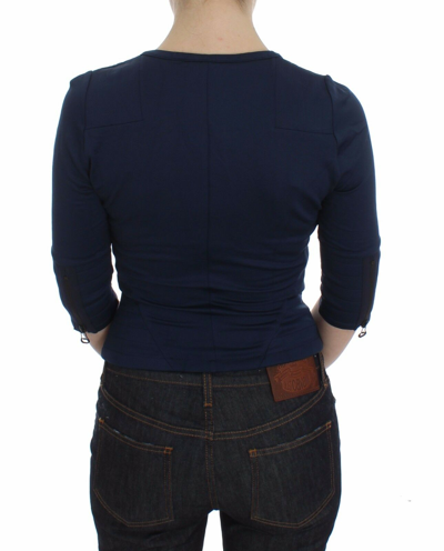 Exte Blue Cotton Top Zipper Deep Crew-neck Sweater In Blue