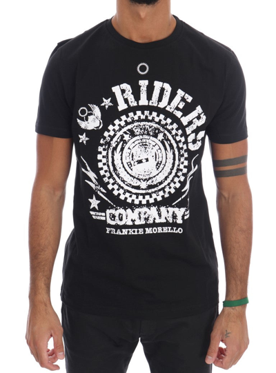 Shop Frankie Morello Black Cotton Riders Crewneck Men's T-shirt In Black/white