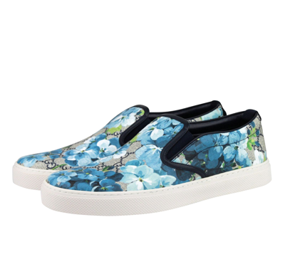 Gucci Bloom Flower Print Blue Gg Supreme Coated Canvas Slip Sneakers 407362  8471 | ModeSens