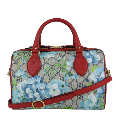 Gucci Blue Blooms Gg Coated Canvas Small Boston Bag 409529 8492 In Beige / Blue