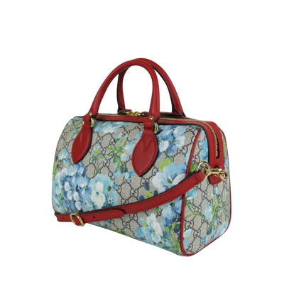 Gucci Blue Blooms Gg Coated Canvas Small Boston Bag 409529 8492 In Beige / Blue