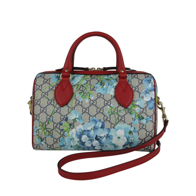 Gucci Blue Blooms Gg Coated Canvas Small Boston Bag 409529 8492 In Beige / Blue