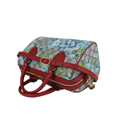 Shop Gucci Blue Gg Blooms Coated Canvas Small Boston Top Handle Bag In Beige / Blue