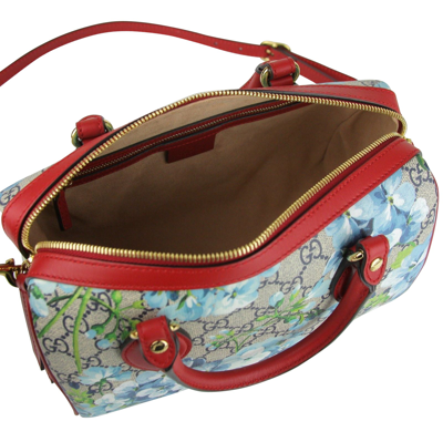 Gucci Blue Blooms Gg Coated Canvas Small Boston Bag 409529 8492 In Beige / Blue