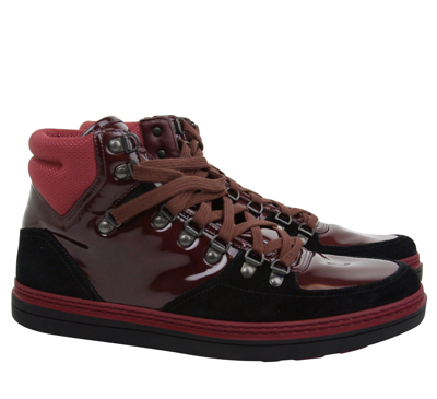 Gucci Contrast Combo Dark Red Patent Leather / Suede High Top Sneaker 368496 1078 In Dark Red