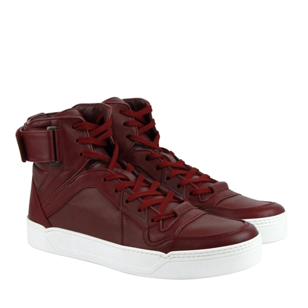 Gucci High Top Strong Dark Red Leather Sneakers With Strap 386738