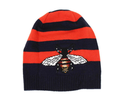 Gucci Men's Blue / Red Striped Wool Knit Beanie Hat With Large Bee M / 58 In Blue / Red