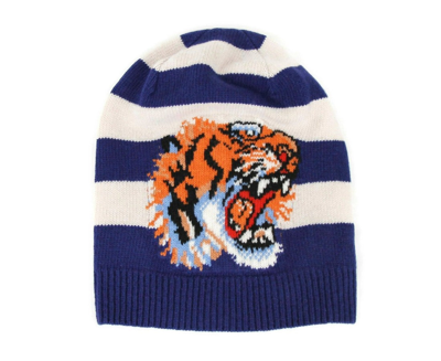 Shop Gucci Men's Blue / White Striped Wool Knit Beanie Hat With Tiger Head M / 58