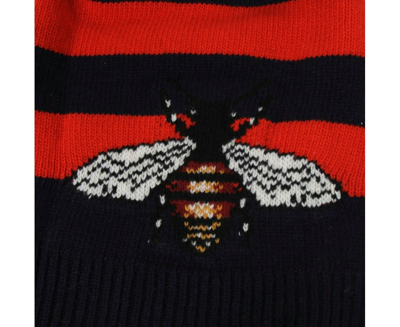 Gucci Men's Blue / Red Striped Wool Knit Beanie Hat With Large Bee M / 58 In Blue / Red