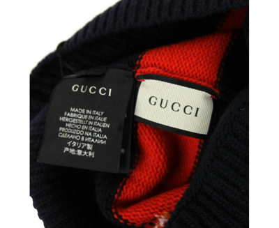 Shop Gucci Men's Blue / Red Striped Wool Knit Beanie Hat With Large Bee M / 58