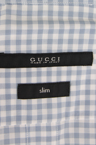 Gucci Men's Blue Topaz / White Cotton Vichy Checkered Slim Shirt In Blue Topaz / White