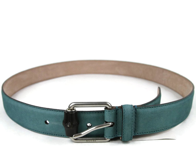 Shop Gucci Men's Leather Suede Bamboo Buckle Belt 336827 In Teal Suede