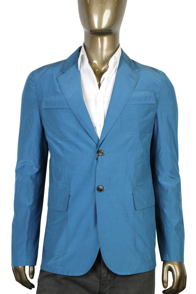 Shop Gucci Men's Light Blazer Teal Cotton Silk Two Button Jacket