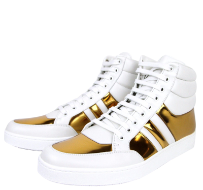 Shop Gucci Men's High Top Contrast Padded Leather Sneaker In White / Gold