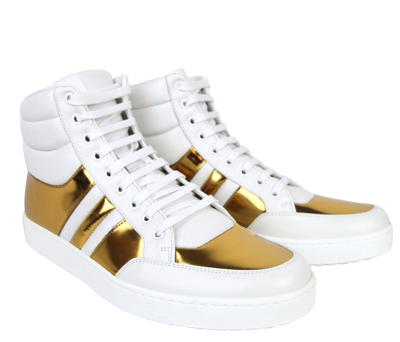 Shop Gucci Men's High Top Contrast Padded Leather Sneaker In White / Gold