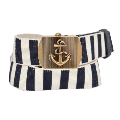 Gucci Men's Navy / White Fabric Brass Anchor Buckle Striped Belt 375191 In Navy / White