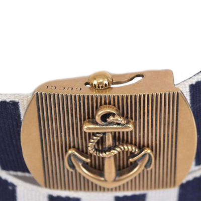 Gucci Men's Navy / White Fabric Brass Anchor Buckle Striped Belt 375191 In Navy / White