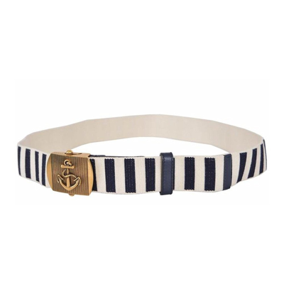 Gucci Men's Navy / White Fabric Brass Anchor Buckle Striped Belt 375191 In Navy / White