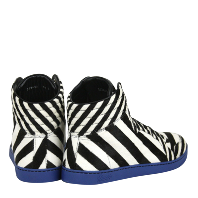 Gucci Men's Multi-color Zebra Print Calf Hair High Top Sneaker In Black / White / Blue
