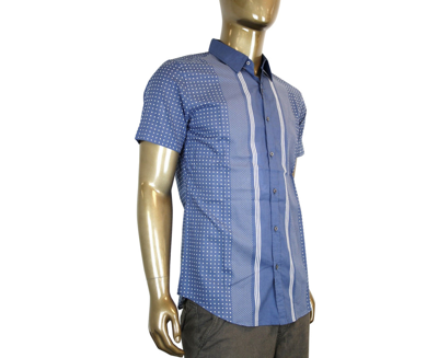 Shop Gucci Men's Skinny Stripes Dots Blue Cotton Short Sleeve Shirt