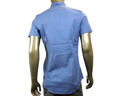 Shop Gucci Men's Skinny Stripes Dots Blue Cotton Short Sleeve Shirt